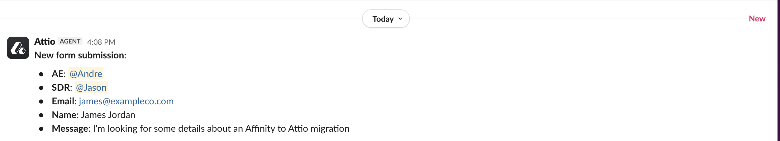 Attio form notification mentioning AE Andre and SDR Jason, with James Jordan's inquiry about an Affinity to Attio migration.