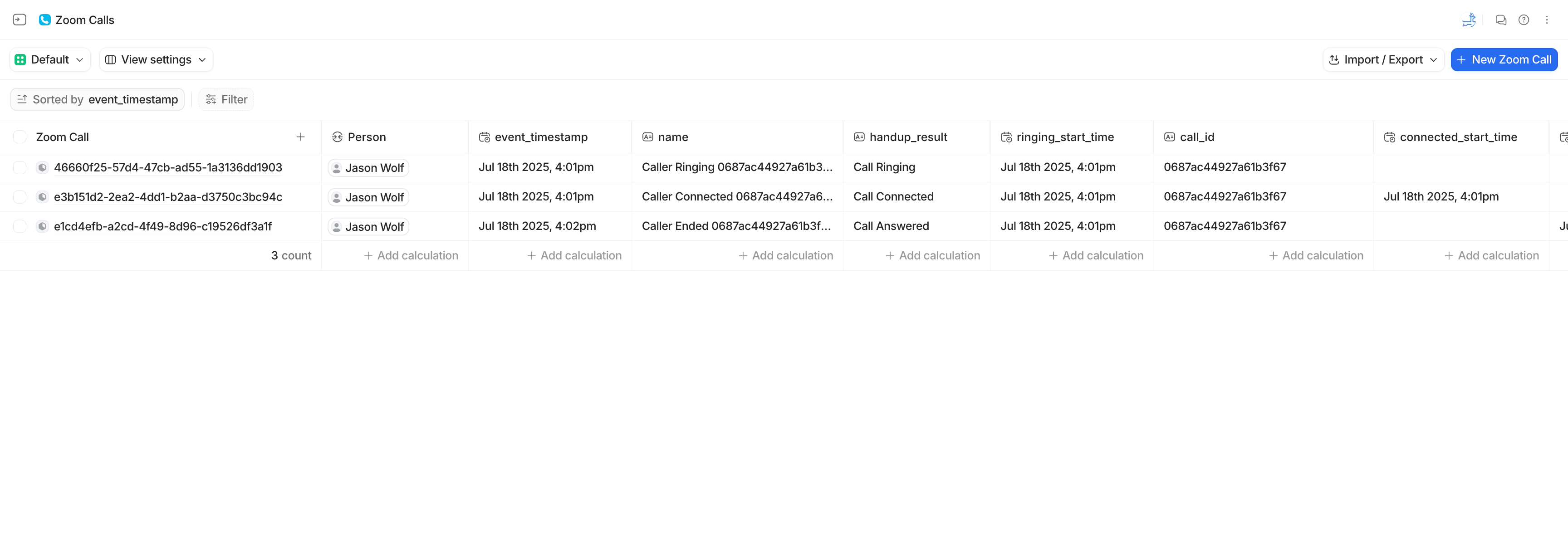Screenshot of Zoom Phone call records inside the Attio zoom_calls object