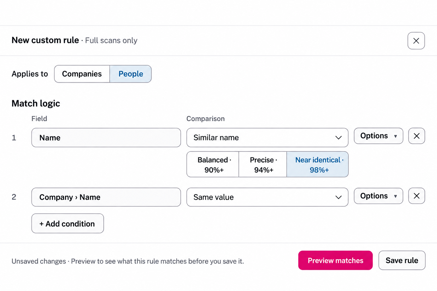 Edited screenshot detail: a People matching rule combining similar names with the linked company’s name, adjustable sensitivity, and Preview matches controls