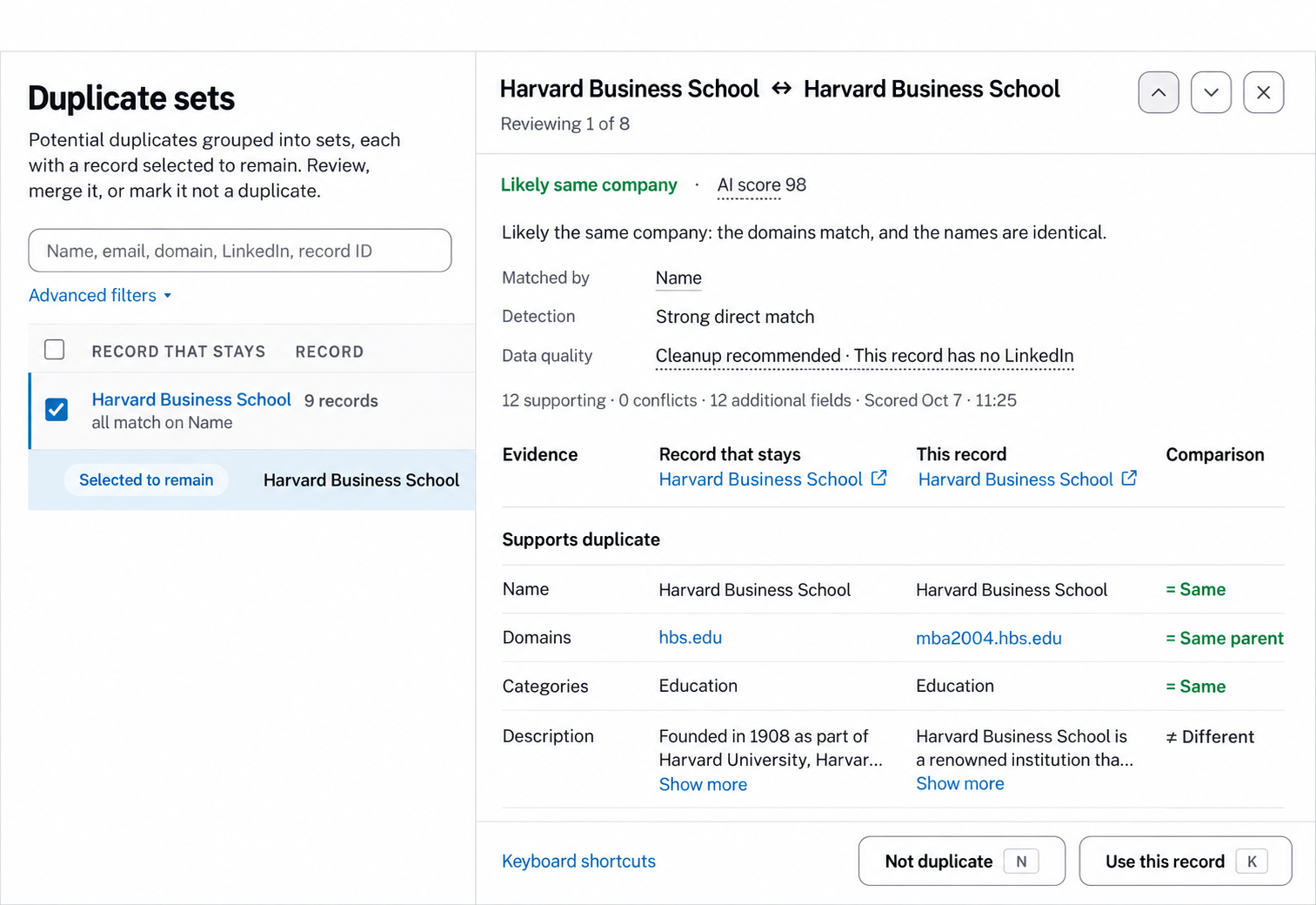 Example Duplicate Detection review: AI score, matching company names and domains, and controls to dismiss a match or choose a record.