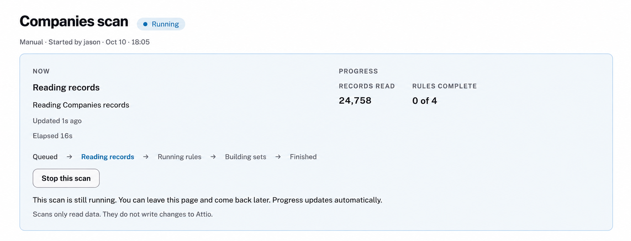 Example Companies scan progress: records read, a Stop this scan control, and confirmation that scans do not write changes to Attio