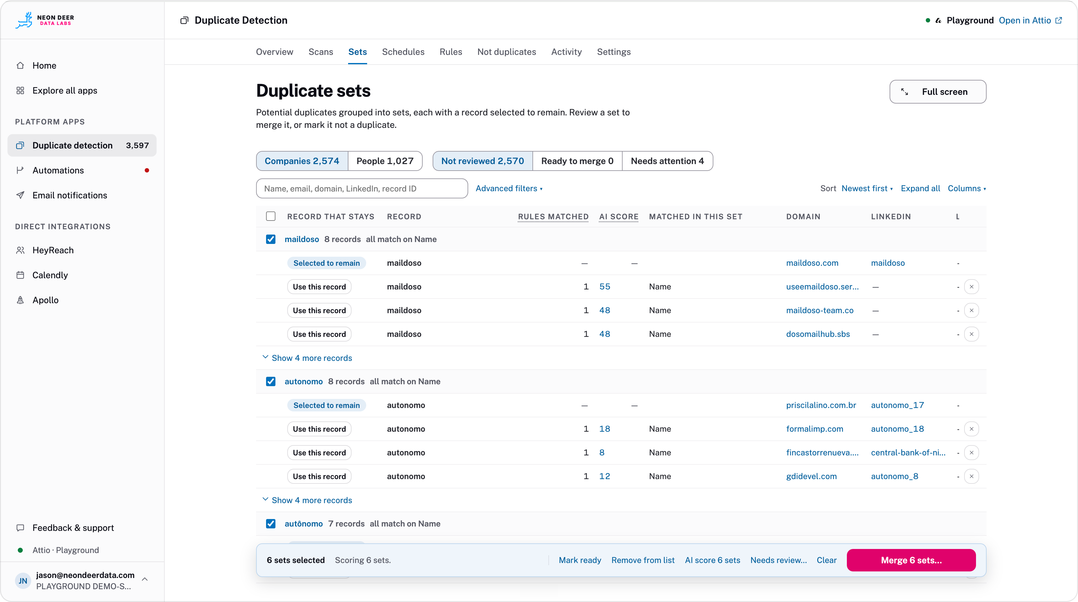 Example Duplicate Detection view: candidate company sets, AI scores, matching evidence, and controls to review records.