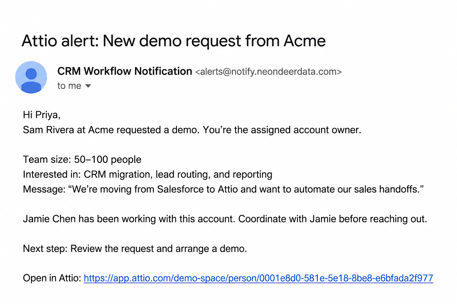 Example email alert: Acme’s demo request, assigned owner, handoff context, next action, and an Attio record link.