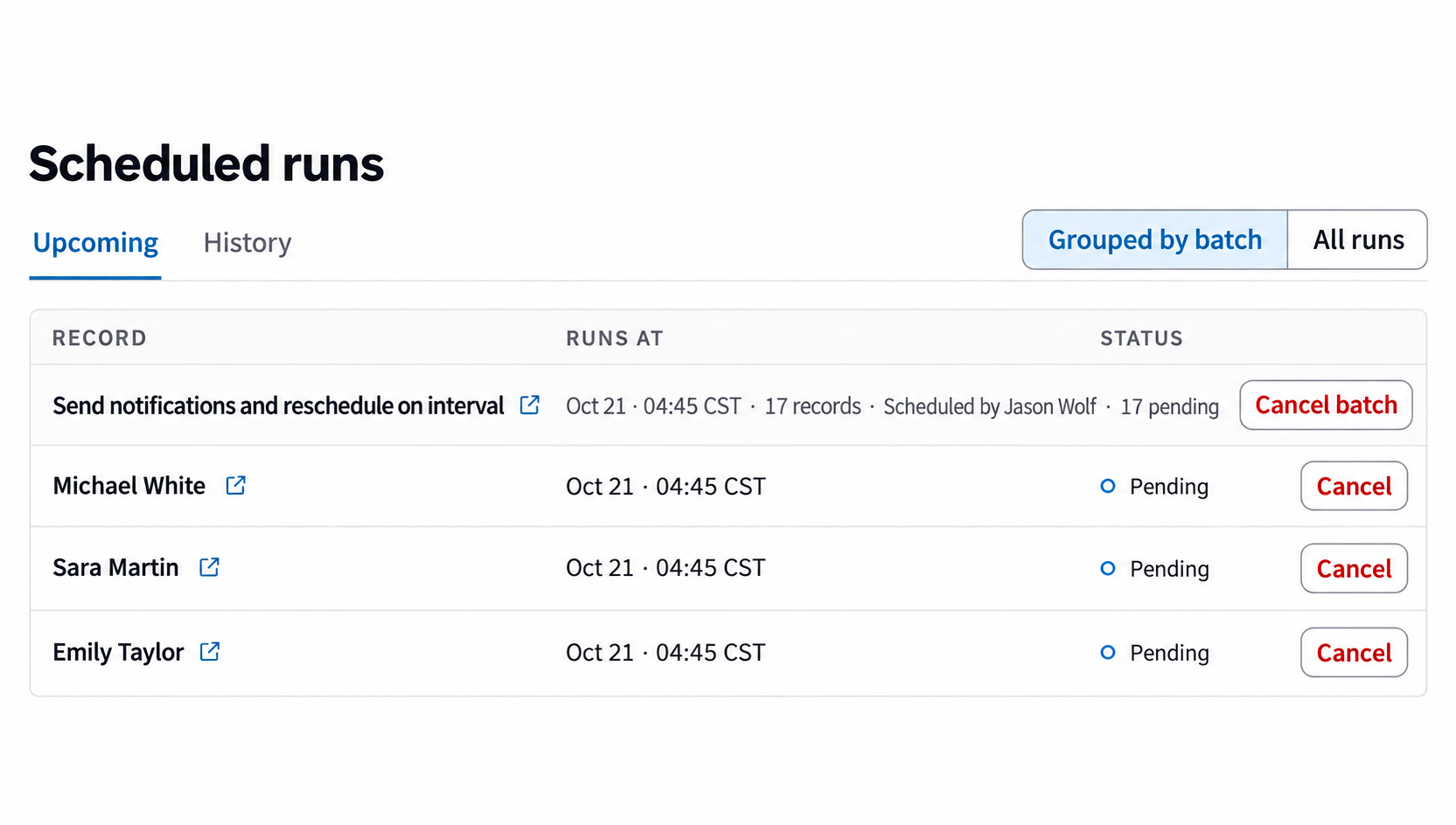 Scheduled runs in Neon Deer showing upcoming follow-ups, run dates, and controls to cancel individual records or a batch